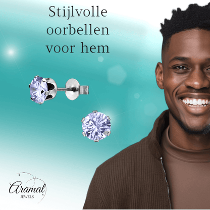 Zilverkleurige Zirkonia Oorbellen 6mm Lila - Aramat Jewels - Oorbellen - cadeautip