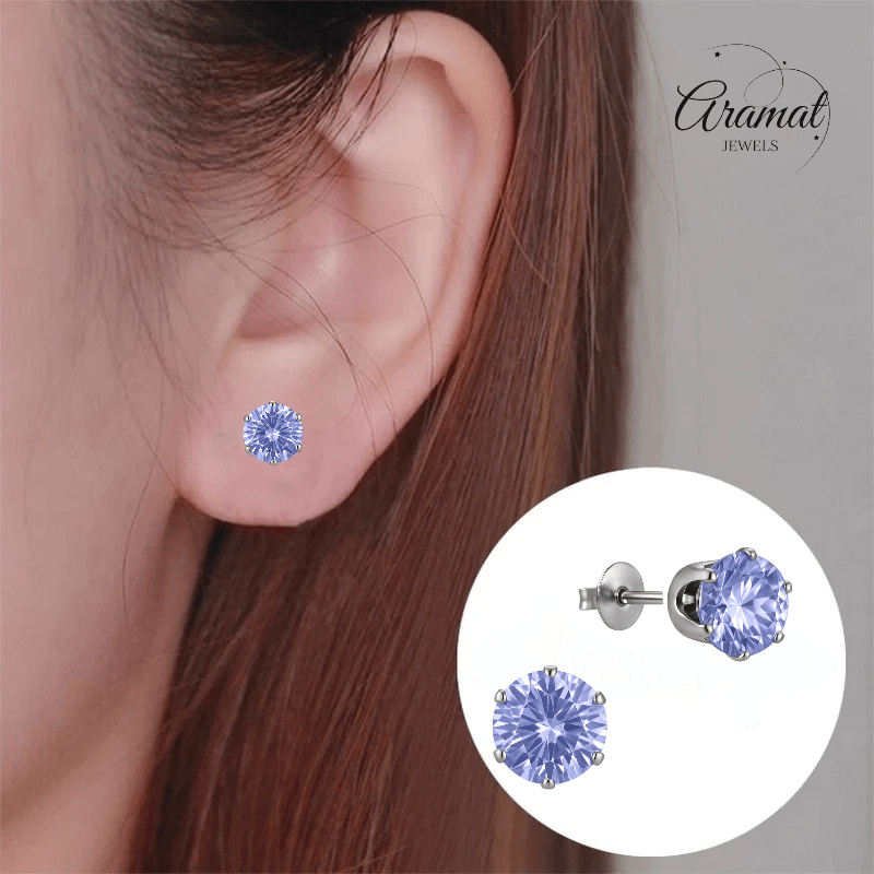 Zilverkleurige Zirkonia Oorbellen 7mm Lila - Aramat Jewels - Oorbellen - cadeautip