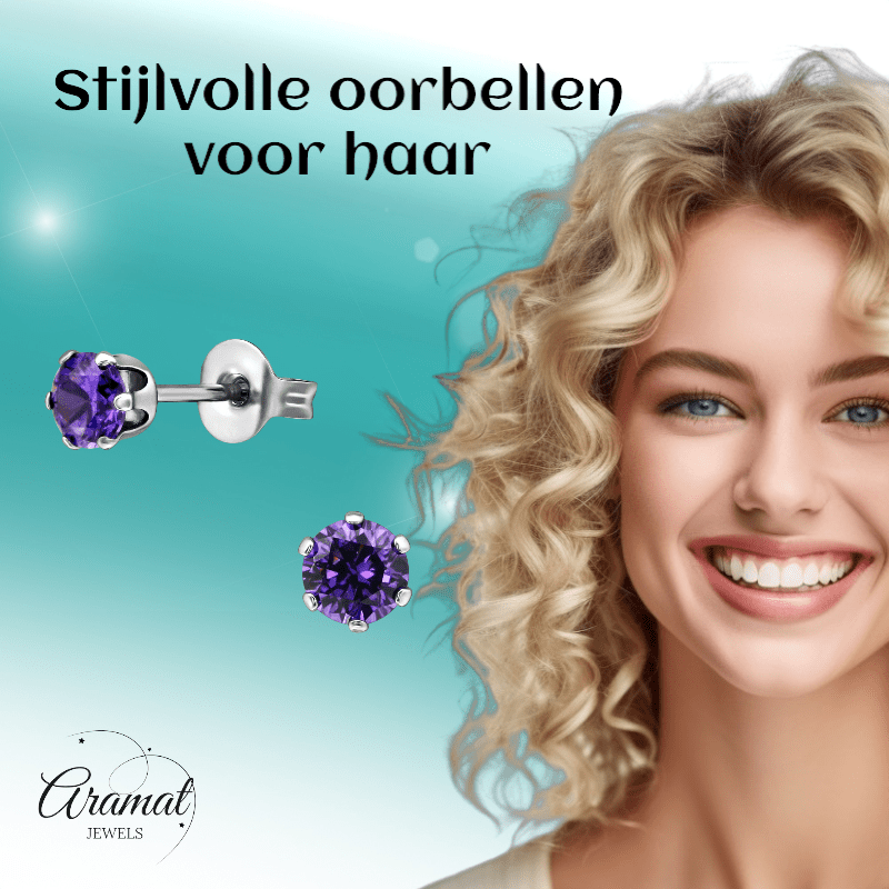 Zirkonia Oorbellen 4mm Paars RVS - Aramat Jewels - Oorbellen - cadeautip