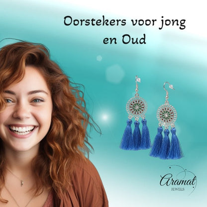 Blauwe bohemian oorhangers met 3 kwastjes, roestvrij staal, 75mm, handgemaakte statement oorbellen zomer