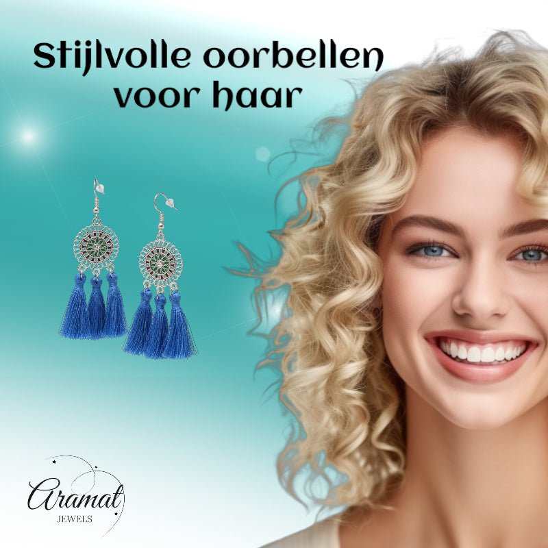 Zomerse Boho Oorhangers Kwastjes Blauw 75mm - Aramat Jewels - Oorbellen - cadeautip