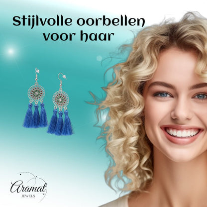 Zomerse Boho Oorhangers Kwastjes Blauw 75mm - Aramat Jewels - Oorbellen - cadeautip