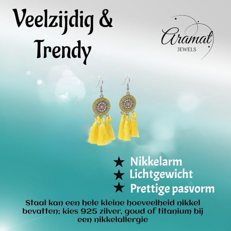 Zomerse Boho Oorhangers Kwastjes Geel 75mm - Aramat Jewels - Oorbellen - cadeautip