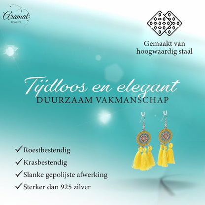 Zomerse Boho Oorhangers Kwastjes Geel 75mm - Aramat Jewels - Oorbellen - cadeautip