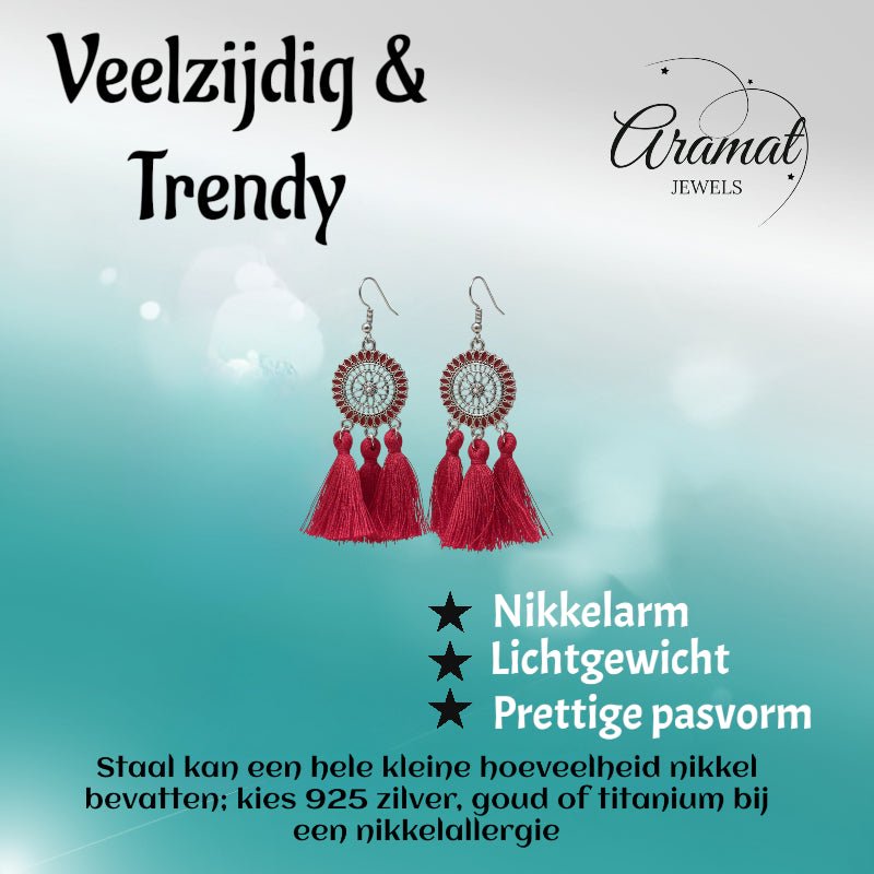 Zomerse Boho Oorhangers Kwastjes Rood 75mm - Aramat Jewels - Oorbellen - cadeautip