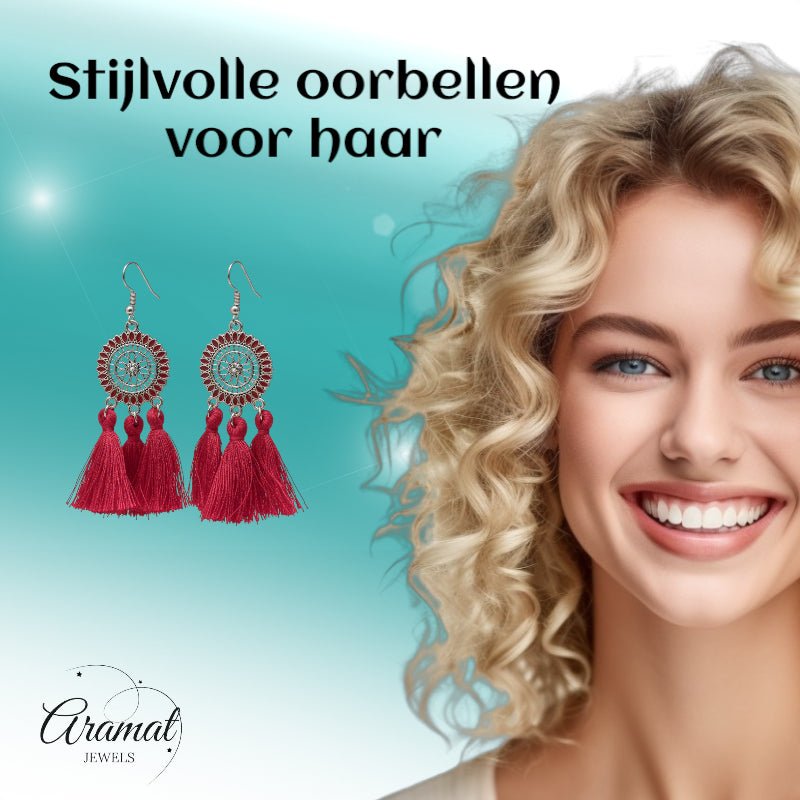 Zomerse Boho Oorhangers Kwastjes Rood 75mm - Aramat Jewels - Oorbellen - cadeautip