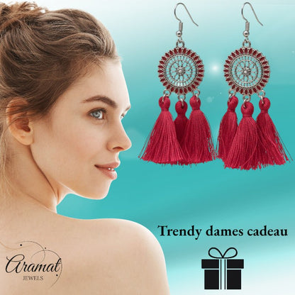 Zomerse Boho Oorhangers Kwastjes Rood 75mm - Aramat Jewels - Oorbellen - cadeautip