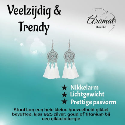 Zomerse Boho Oorhangers Kwastjes Wit 75mm - Aramat Jewels - Oorbellen - cadeautip