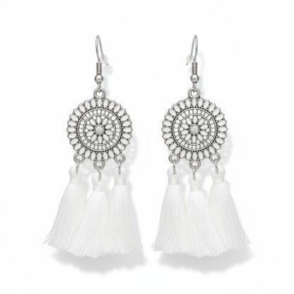 Festival oorhangers wit met kwastjes, boho stijl, 75x21mm, tijdloze zomerse oorbellen met emaille