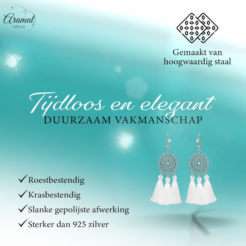 Zomerse Boho Oorhangers Kwastjes Wit 75mm - Aramat Jewels - Oorbellen - cadeautip