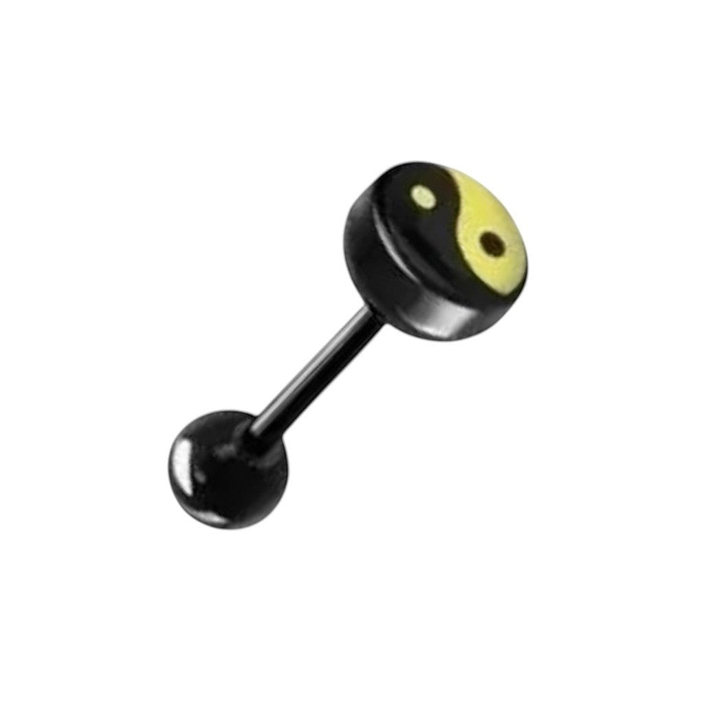 Aramat Jewels black bioplast tongue piercing with a yellow and black yin yang symbol on the top ball.