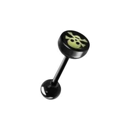 Aramat Jewels black bioplast tongue piercing with a skull and crossbones logo design.