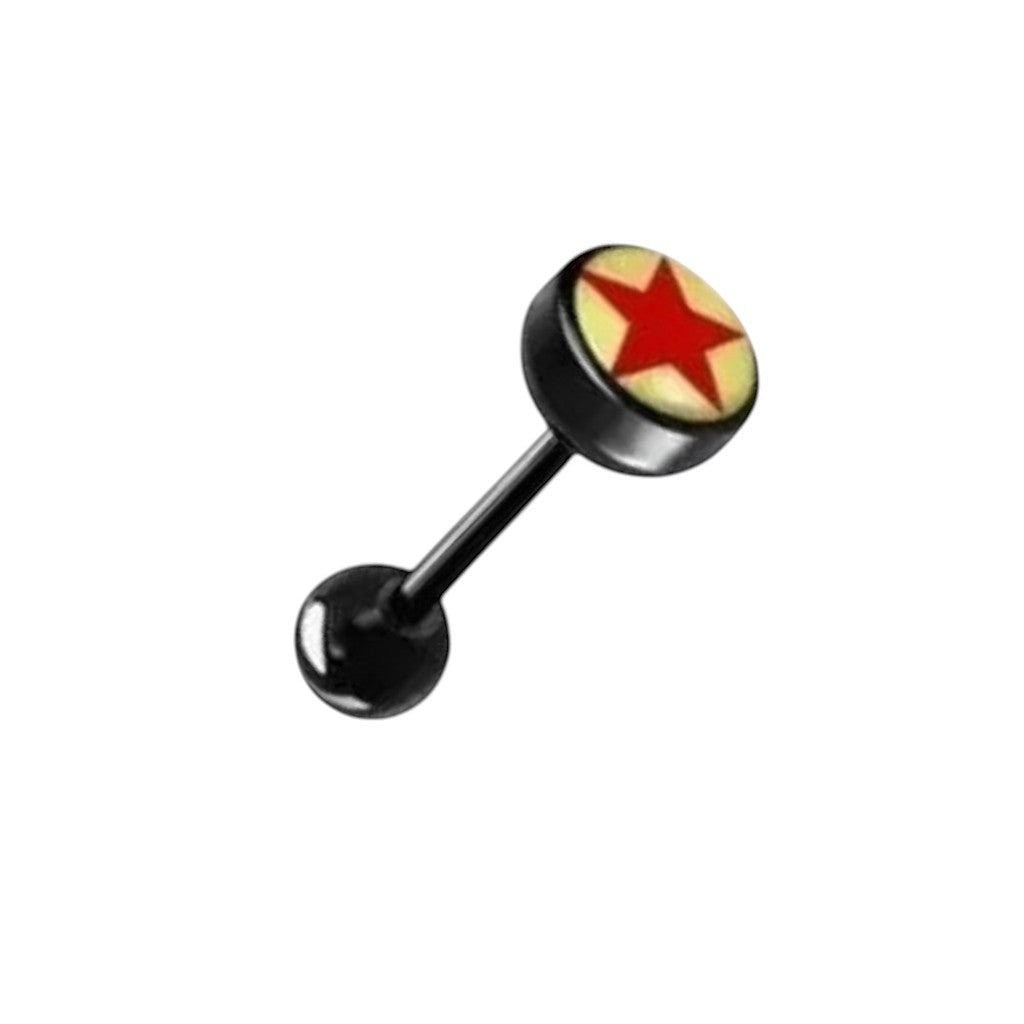 Aramat Jewels black bioplast tongue piercing with a red star on a yellow background.