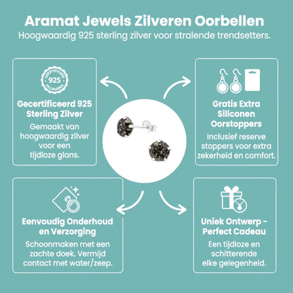 Zwarte Kristal Oorbellen 925 Zilver – 6mm Black Diamond - Aramat Jewels - Oorbellen - cadeautip