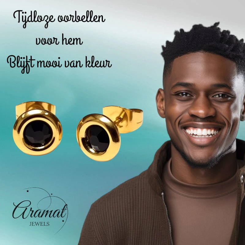 Zwarte Kristal Oorbellen goudkleur - 8mm - Aramat Jewels - Oorbellen - cadeautip