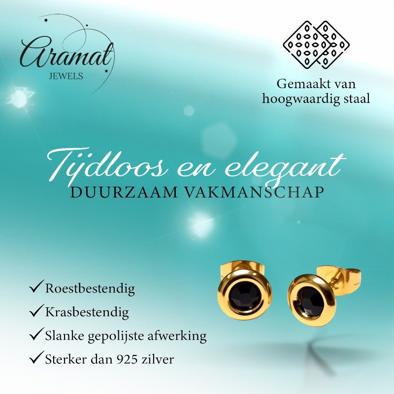 Zwarte Kristal Oorbellen goudkleur - 8mm - Aramat Jewels - Oorbellen - cadeautip