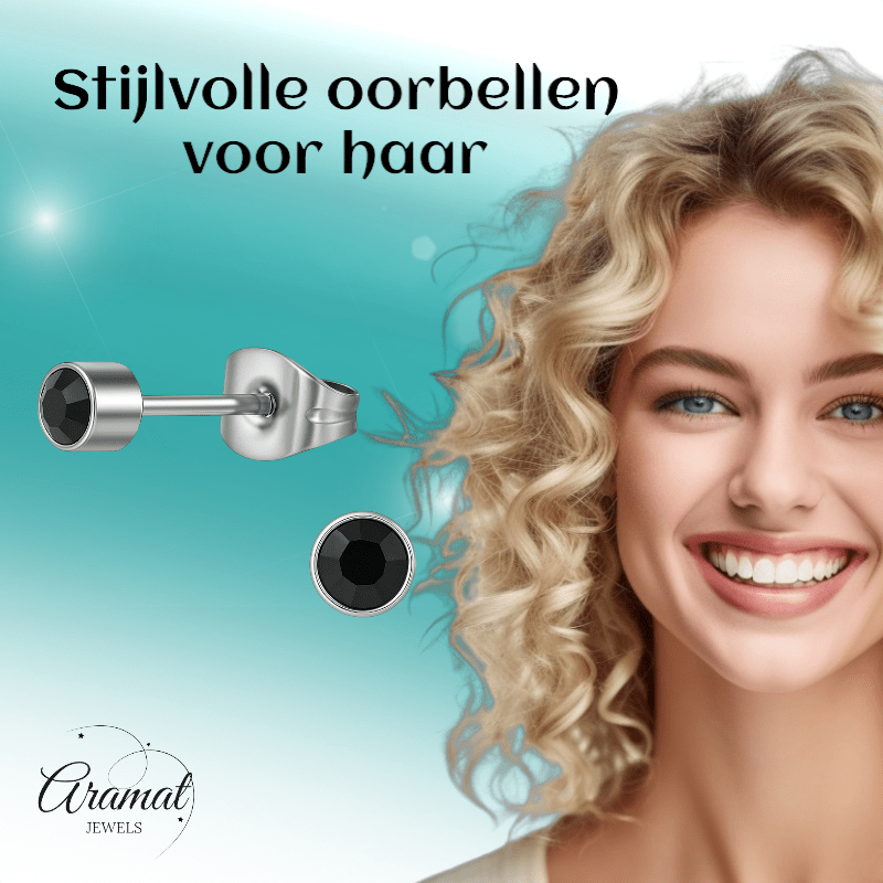 Zwarte kristal oorstekers – 4mm zilver RVS - Aramat Jewels - Oorbellen - cadeautip