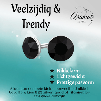 Zwarte Kristallen Mini Oorbellen – 3mm – RVS - Aramat Jewels - Oorbellen - cadeautip