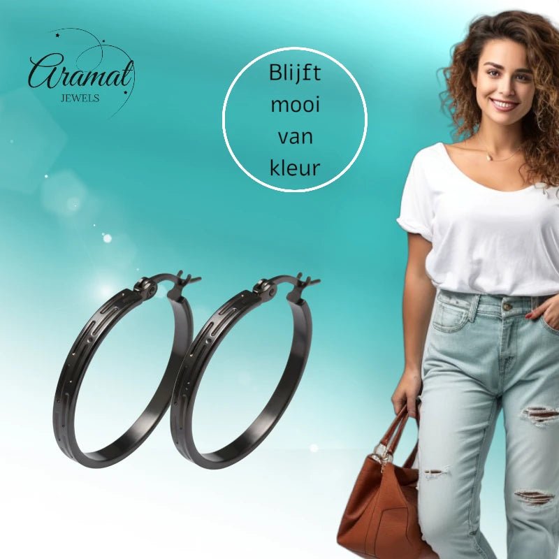 Zwarte RVS Oorringen met Grieks Motief - 25 mm - Aramat Jewels - Oorringen - cadeautip