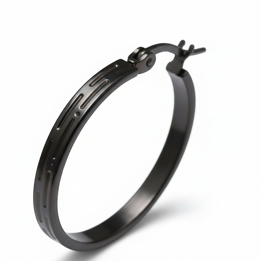 Zwarte RVS Oorringen met Streepjes Motief - 30 mm - Aramat Jewels - Oorringen - cadeautip