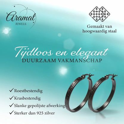 Zwarte RVS Oorringen met Streepjes Motief - 30 mm - Aramat Jewels - Oorringen - cadeautip