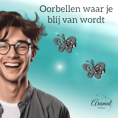 Zwarte vlinder oorstekers staal – 8x10mm open vleugel - Aramat Jewels - Oorbellen - cadeautip