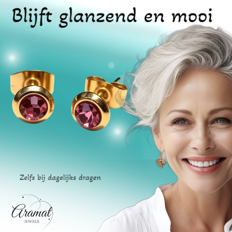 Zweerknopjes – RVS Goudkleurig met Roze Kristal (6mm) - Aramat Jewels - Oorbellen - cadeautip