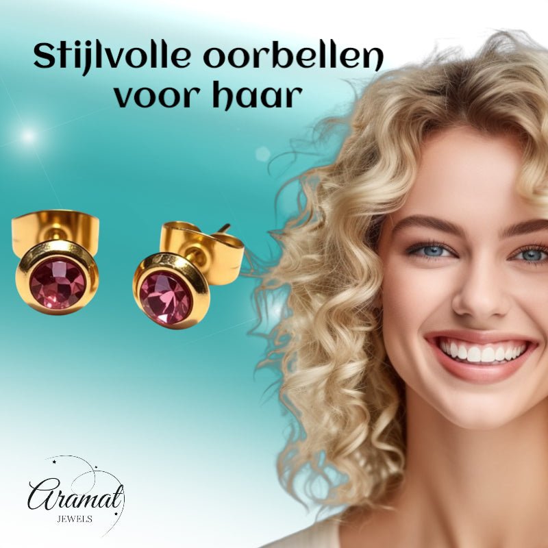 Zweerknopjes – RVS Goudkleurig met Roze Kristal (6mm) - Aramat Jewels - Oorbellen - cadeautip