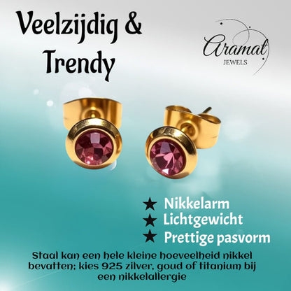 Zweerknopjes – RVS Goudkleurig met Roze Kristal (6mm) - Aramat Jewels - Oorbellen - cadeautip