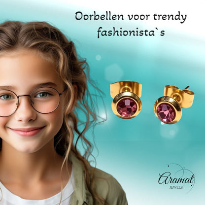 Zweerknopjes – RVS Goudkleurig met Roze Kristal (6mm) - Aramat Jewels - Oorbellen - cadeautip