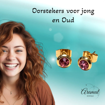 Zweerknopjes – RVS Goudkleurig met Roze Kristal (6mm) - Aramat Jewels - Oorbellen - cadeautip