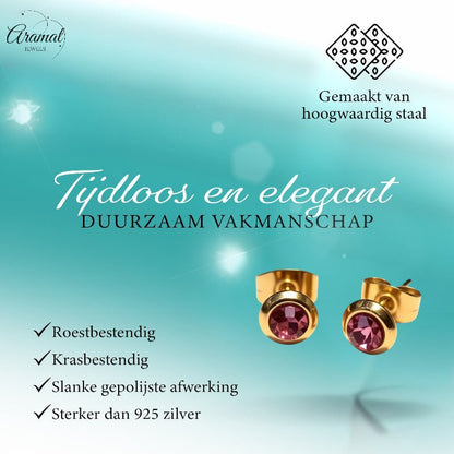 Zweerknopjes – RVS Goudkleurig met Roze Kristal (6mm) - Aramat Jewels - Oorbellen - cadeautip