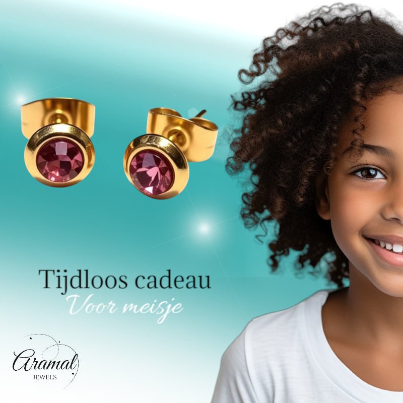 Zweerknopjes – RVS Goudkleurig met Roze Kristal (6mm) - Aramat Jewels - Oorbellen - cadeautip