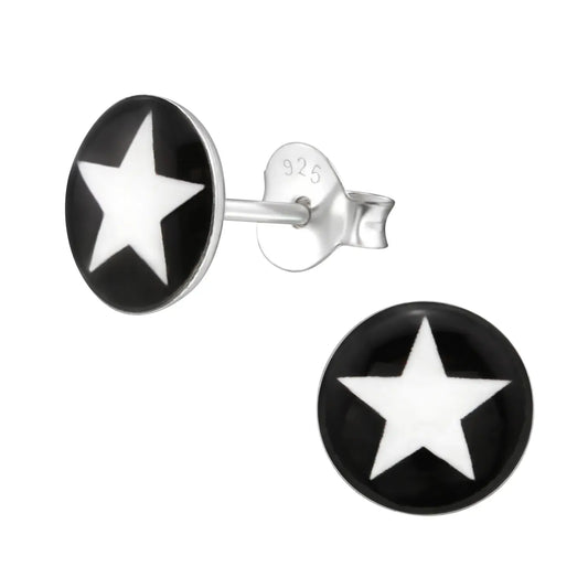 oor5328-12026-Zilveren Ster Oorbellen Wit En Zwart Zilver En Acryl 6mm-Aramat Jewels 