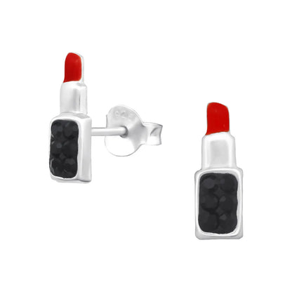 Oorbellen Lippenstift Rood Zwart Kristal 925 Zilver 4x11mm