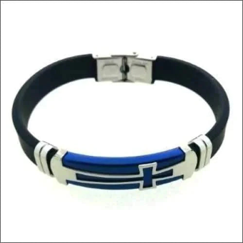 Siliconen Armband Met Rvs Accenten Blauwe Plaat 10mm 21cm 8720157001799 alles Aramat Jewels armbanden blauw chirurgisch staal dames Geen_Parel Geen_steen heren kruis nakijken PVD rubber silicone Staal tekst uniseks verstelbaar Volwassenen zilverkleurig Zonder_hanger Zonder_steen zwart