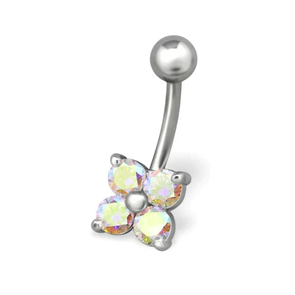 Chirurgisch Stalen Navelpiercing Bloem Ab Zirkonia 1.6mm 10mm AB alles Aramat Jewels bloem chirurgisch staal dames Met_steen multikleurig Navel Navelpiercing zonder hanger navelpiercings piercing Piercings PVD Staal Volwassenen zilverkleurig Zonder_hanger