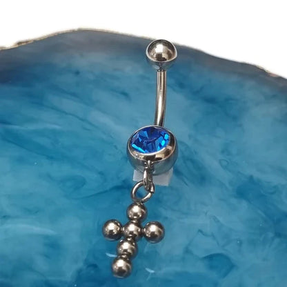 Donkerblauwe Stalen Navelpiercing Kruisje met Zirkonia 1.6mm 10mm alles Aramat Jewels blauw bolletjes chirurgisch staal dames Met_hanger nakijken Navel Navelpiercing met hanger navelpiercings piercing Piercings PVD saffier_blauw Staal Volwassenen zilverkleurig zirkonia