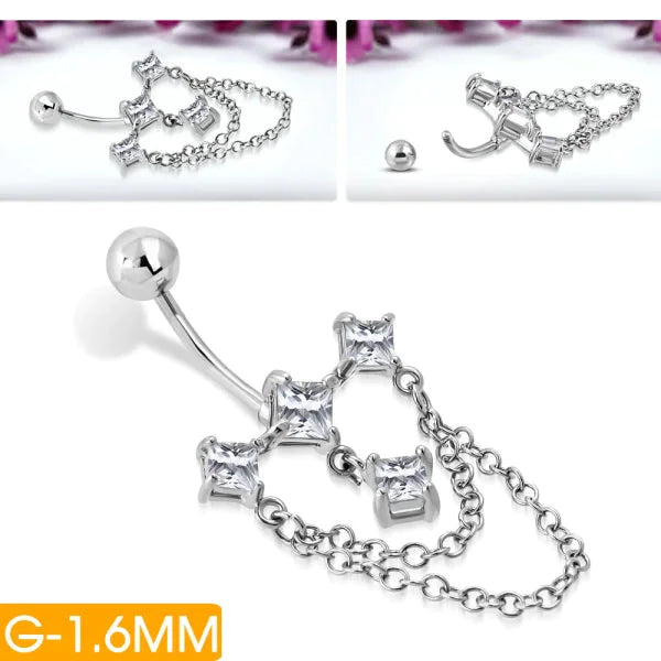 Chirurgisch Stalen Navelpiercing Met Kettinkje En Zirkonia 1.6mm 10mm alles Aramat Jewels chirurgisch staal dames Met_hanger Met_ketting Navel navelpiercings piercing Piercings PVD Staal transparant Volwassenen zilverkleurig zirkonia