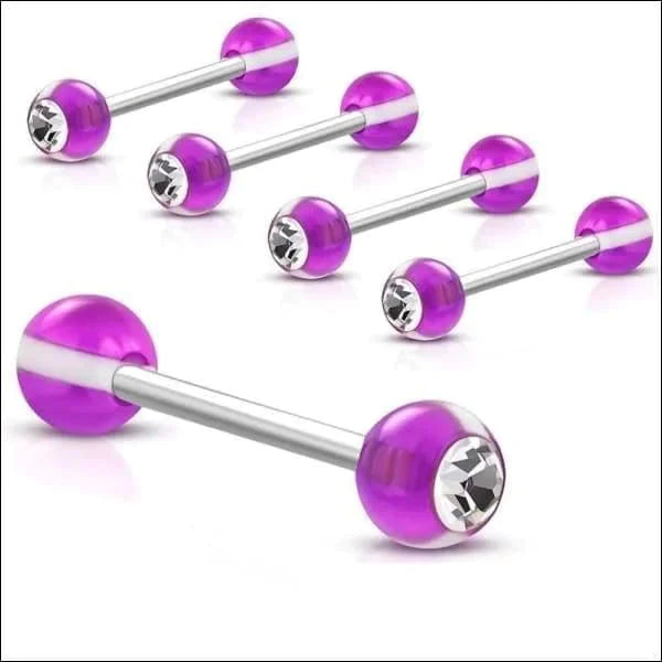 Stalen Tongpiercing met Kristal en Paars Acryl 1.6mm 16mm 6mm acryl alles Barbell chirurgisch staal dames Geen hanger kristal Met_steen paars piercing Piercings PVD Staal Tong tong106-inz690 tongpiercings transparant Volwassenen