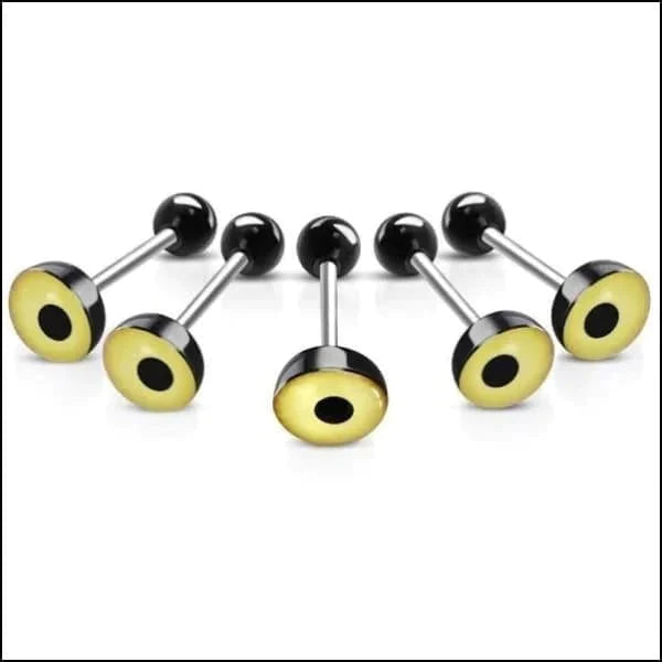 Chirurgisch Stalen Logo Tongpiercing Oog-Geel 1.6mm 16mm 7mm acryl alles Aramat Jewels Barbell chirurgisch staal Meerdere Varianten multikleurig Piercings PVD Staal Tong tongpiercings Volwassenen zwart