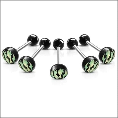 Tongpiercing Camouflage Print- Zwart-Licht Groen 1.6mm 16mm 8720157018582 acryl alles Aramat Jewels Barbell chirurgisch staal Geen hanger Meerdere kleuren piercing Piercings PVD Staal Tong Tongpiercings Volwassenen zwart