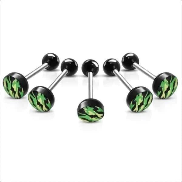 Tongpiercing Camouflage Print- Groen-Geel 1.6mm 16mm 8720157018582 acryl alles Aramat Jewels Barbell chirurgisch staal Geen hanger Meerdere kleuren piercing Piercings PVD Staal Tong Tongpiercings Volwassenen zwart