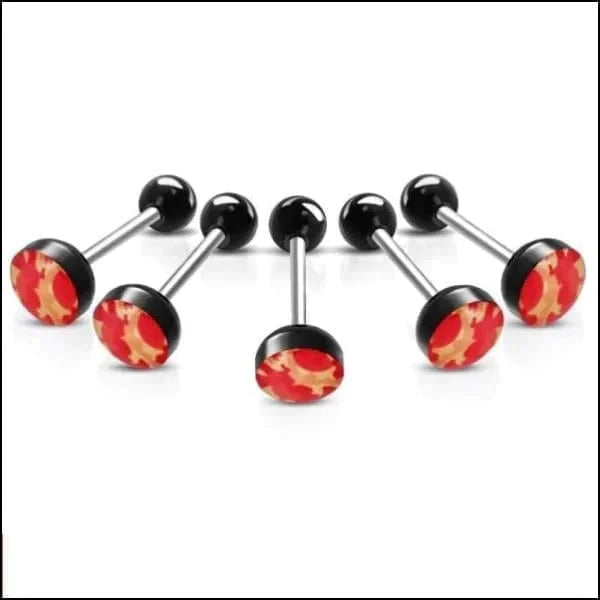 Tongpiercing Camouflage Print- Zwart-Rood 1.6mm 16mm 8720157018582 acryl alles Aramat Jewels Barbell chirurgisch staal Geen hanger Meerdere kleuren piercing Piercings PVD Staal Tong Tongpiercings Volwassenen zwart