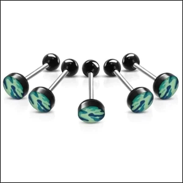 Tongpiercing Camouflage Print- Zwart-Blauw 1.6mm 16mm 8720157018582 acryl alles Aramat Jewels Barbell chirurgisch staal Geen hanger Meerdere kleuren piercing Piercings PVD Staal Tong Tongpiercings Volwassenen zwart