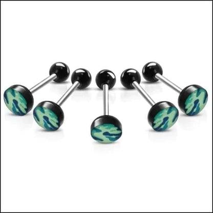 Tongpiercing Camouflage Print- Zwart-Blauw 1.6mm 16mm 8720157018582 acryl alles Aramat Jewels Barbell chirurgisch staal Geen hanger Meerdere kleuren piercing Piercings PVD Staal Tong Tongpiercings Volwassenen zwart